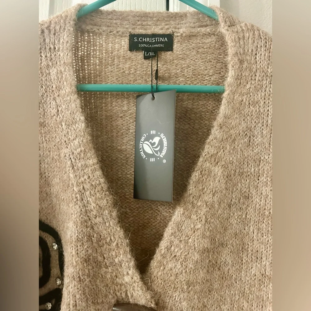 S. Christina Beige Cardigan with Black Spiral Accents